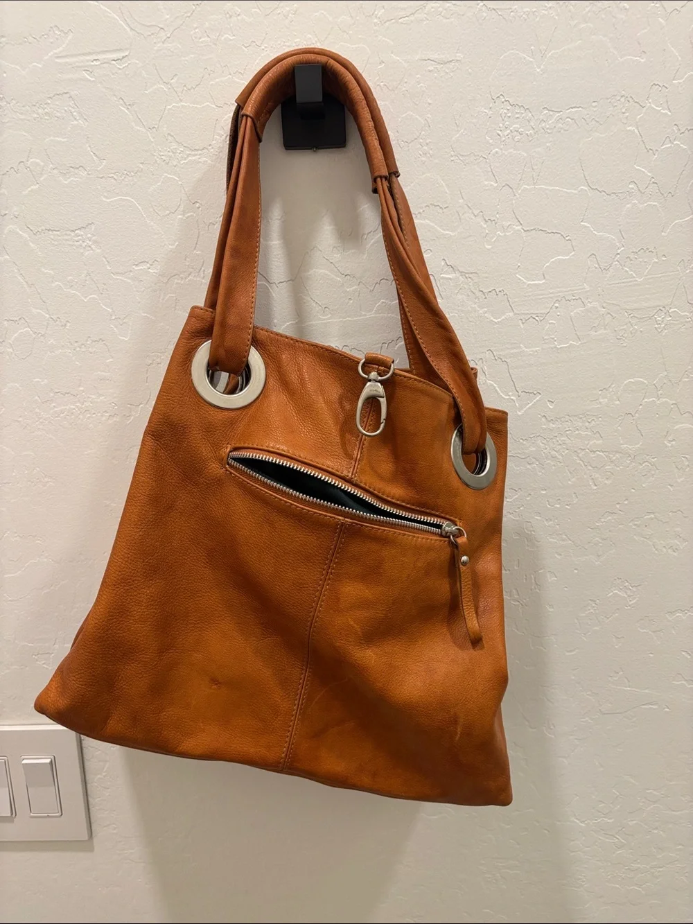 Italian Tan Leather Hobo Bag with Dark Green Lining